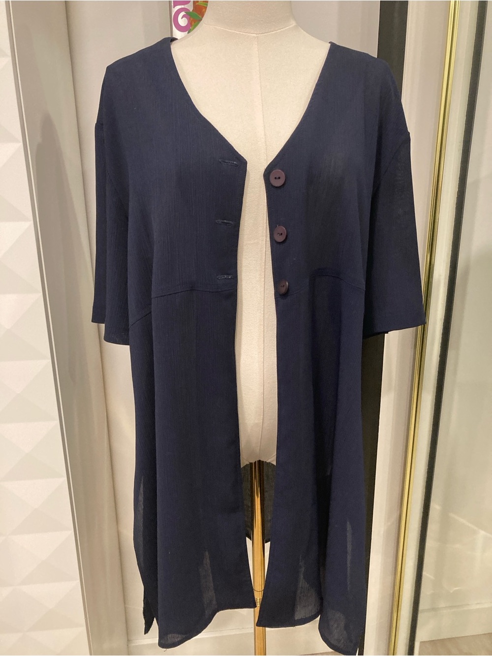 Navy Button-Front Lightweight Duster Cardigan Button down Blouse Tunic
